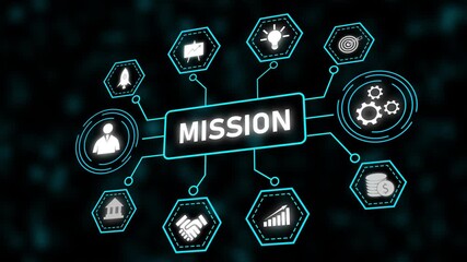 Poster - Business Mission Success Strategy Planning Growth Goals Teamwork Technology Innovation Finance. Mission Success Strategy Animation. Corporate Growth And Teamwork Driving Future Innovation.