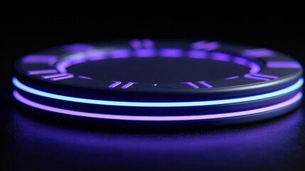 Poster - 3D Neon Poker Chip Rotating Gracefully Against a Dark Background With Ample Empty Space Below, Illuminating a Stylish Gaming Ambiance