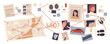 © Flash Vector - Detective board with pins and evidences on wall, crime investigation vector illustration. Cartoon map, newspaper articles, photos of victim, criminal weapon and vehicle with connection by red thread