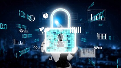 Poster - A futuristic robot presents a digital lock symbol, reflecting concepts of cyber security. Ambient data visuals highlight the importance of protecting information in a tech-driven world. Xenic