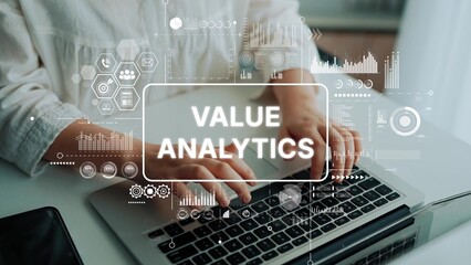 Poster - Hands on Laptop with Data Visualization for Value Analytics in Modern Business Context. Asymptotic smart data analytic.