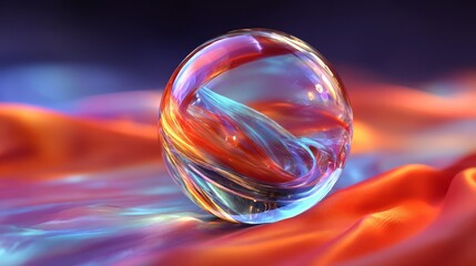 Aufkleber - Clear glass ball with a red and blue swirl on it sits on a red and orange cloth