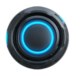 Poster - Modern technology sphere with glowing blue accents placed on a flat surface in a well-lit room