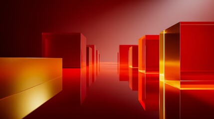 Poster - Red and gold room with a lot of cubes. The cubes are red and gold and are arranged in a way that creates a sense of depth and space. The room has a modern and sleek design