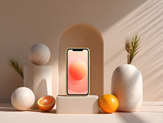 Poster - Peach Smartphone on Minimalist Geometric Platform