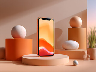Poster - Peach Smartphone on Minimalist Geometric Platform
