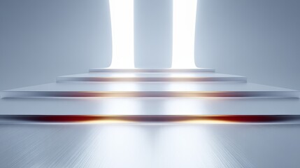 Poster - The image is a white staircase with two openings, one of which is lit up. The staircase appears to be part of a futuristic or sci-fi setting