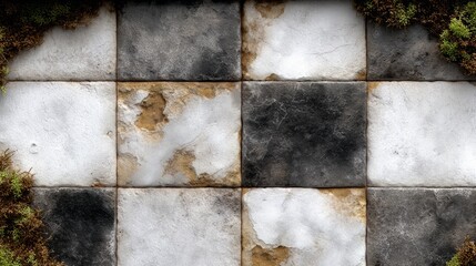 Poster - Black and white checkered tile floor with moss growing on it. The floor is dirty and worn, giving it a sense of age and history