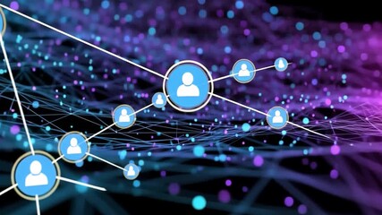 Poster - Connected Universe: A digital depiction of interconnected people, represented by nodes linked through an intricate web of glowing lines and dots against an immersive digital backdrop.