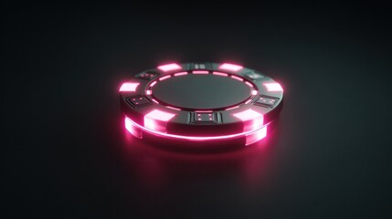Poster - Rotating 3D Neon Poker Chip Glows Against a Dark Background Showcasing Vibrant Colors and Intricate Design Details