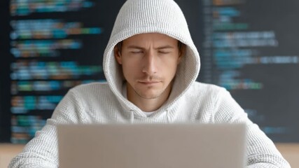 Poster - Cybersecurity Vigil: A focused individual, hooded in a contemplative pose, navigates the intricate realm of cybersecurity with laptop