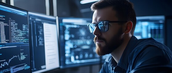 Poster - A focused man with a beard and glasses examines complex data on multiple screens in a modern tech environment, representing the intersection of innovation and analytics.