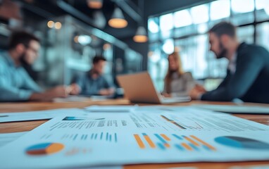 Poster - A group of professionals collaborates in a modern office environment, engaging in a strategic meeting. Focus on data analysis and teamwork through charts and reports.