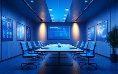 Poster - A modern conference room featuring a sleek design, blue lighting, and a large screen displaying data. Ideal for corporate meetings, presentations, and teamwork sessions.