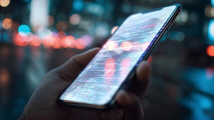 Poster - Digital Nexus: A close-up shot reveals a hand gripping a sleek smartphone, the screen ablaze with code, with blurry bokeh lights suggesting the pulse of a modern city.