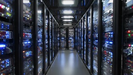 Poster - Server Room Corridor: A futuristic server room corridor, filled with rows of high-tech data servers, illuminates with bright neon light in a futuristic and technological environment.
