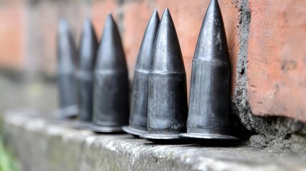 Poster - Metallic Cones Arranged Neatly Against a Brick Wall Outdoors