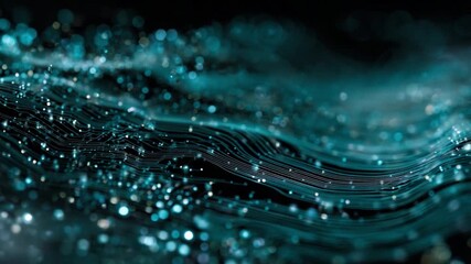 Poster - Abstract luminous artwork: Captivating digital art, showcasing flowing turquoise lines and sparkling particles. A visual narrative of cosmic energy and technological innovation. 
