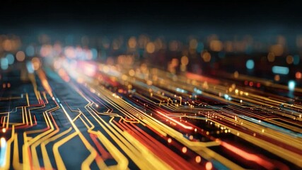 Poster - Digital Pathways: A mesmerizing, high-angle view of an illuminated circuit board. Its intricate pathways pulsate with electric currents, a vibrant display of the digital world.