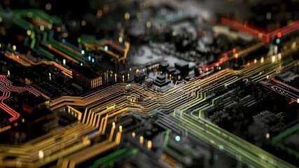 Poster - Digital Circuit Board: Detailed shot of a vibrant digital circuit board, symbolizing the intricate interconnectedness of modern technology and data flow.