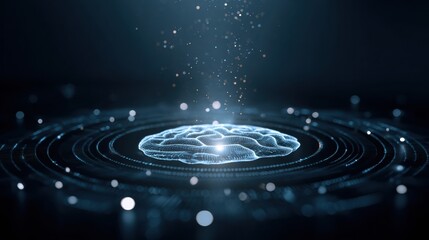 Poster - Conceptual Depiction of Abstract Data Flow Circulating Around a Glowing Brain Icon in a Clean, Dark Environment Showcasing Technological Advances