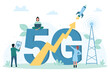 © Flash Vector - 5G speed internet, network technology and communication vector illustration. Cartoon tiny people using mobile devices and laptop for wireless broadband connection to city antenna near 5G word