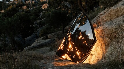 Poster - Reflective Surface with Flames in a Natural Outdoor Setting at Dusk