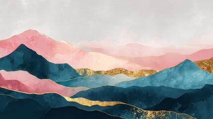Poster - Abstract Mountain background vector. Minimal landscape art with watercolor brush and golden line texture. Abstract art wallpaper for prints, Art Decoration, wall arts and canvas prints. , no logos, n