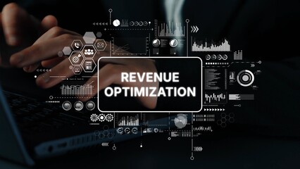Poster - Hands on Laptop with Revenue Optimization Text and Data Visualization Graphics for Business Growth and Strategy Planning. Asymptotic smart data analytic.