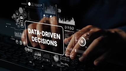 Poster - Hands Typing on Keyboard with Digital Data Graphics for Data-Driven Decisions Illustration. Asymptotic smart data analytic.
