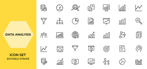Aufkleber - Web and mobile app icons set for data analysis and analytics in line style. Includes data processing, performance, research network, traffic analysis, statistics, graphs, and collection icons and more