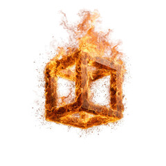 Poster - Bright flames engulfing a geometric cube shape rising against a white background during an artistic display of fire