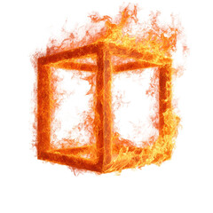 Poster - Flaming cube surrounded by bright, lively flames in a vibrant display of orange and yellow colors