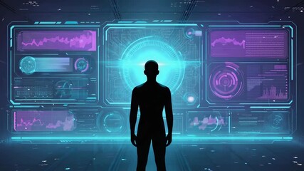 Poster - Silhouette of a Man Standing Against a Futuristic Neon Blue and Purple Digital Background, Technological Concept