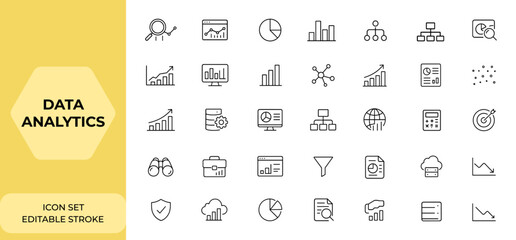 Poster - Editable stroke data analytics icon collection, thin line vector illustration with data analysis icons set, business intelligence, visualization, dashboard, statistics, report, trend, chart and more.