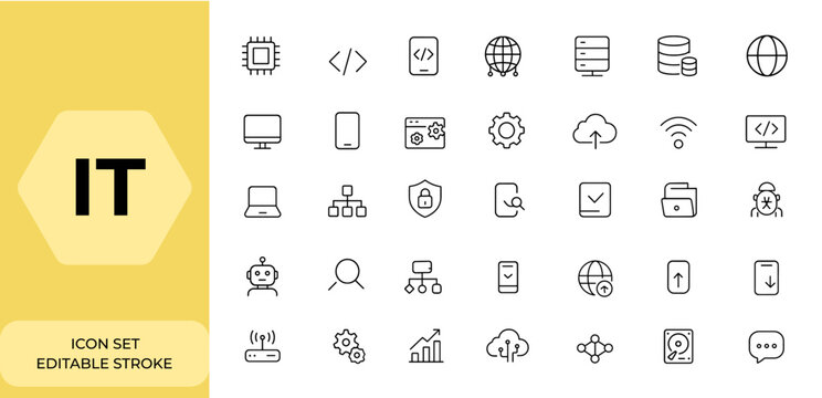 Web and mobile app IT icons set in line style: information technology, programming, network, server, data, internet, devices, website, technology progress, vector illustration and more.