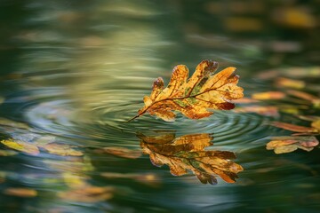 Poster - Golden oak leaf floats gracefully on calm water surface during autumn afternoon