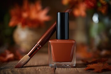 Poster - Autumn-inspired nail polish and brush with seasonal leaves in a cozy setting