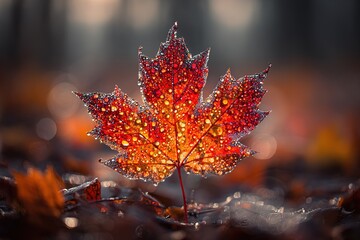 Poster - Dew-covered red maple leaf glistens in autumn light during an early morning walk through the forest