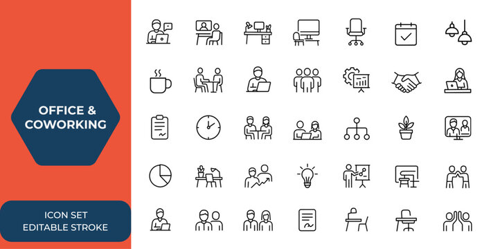Office and coworking workspace icon set in line style for web and mobile apps: remote working, meeting, desk, computer, business, co-worker, productivity, teamwork, collaboration and more.