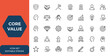 © Vintage Studio - Editable stroke core value icon collection. Thin line vector icons set illustrating core values and principles. Business ethics, company culture, leadership, integrity, teamwork, success and more.