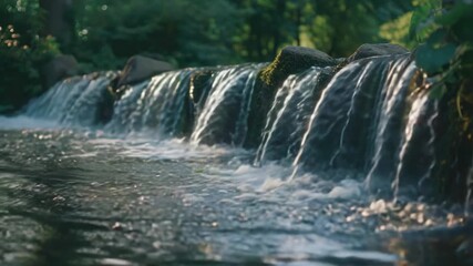 Wall Mural - A serene scene with water flowing over rocks in a forest