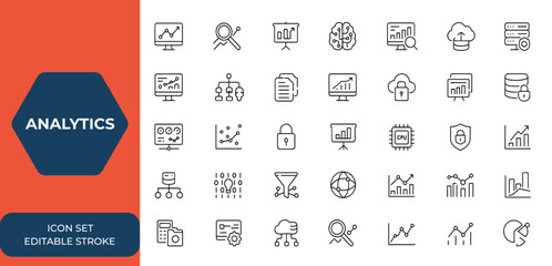 Aufkleber - Analytics and data processing web icons set in line style. Data analysis and statistics icons for mobile and web apps. Monitoring, database, computing, AI, hosting, server, digital insight and more.