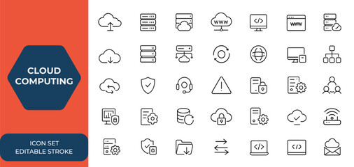 Poster - Cloud computing and web hosting icon set in line style. Server, domain, webspace, data exchange, website, traffic, and service icons for web and mobile applications, digital infrastructure and more.