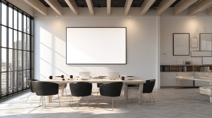 Poster - Modern office room with meeting table with empty poster and blank wall. Workplace and presentation concept. Mock up. 3D Rendering, no logos, no brands