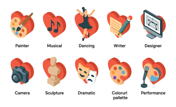 Creative arts symbols in isometric heart-shaped icons for diverse artistic professions