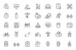 © Vintage Studio - Fitness and healthy lifestyle web icons set in linear style. Sport and exercise icons for mobile and web app. Physical activity, gym, diet, sleep, work, rest, body care. Editable stroke and more.