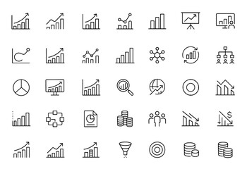 Aufkleber - Business infographic and statistics icons set in line style. Vector charts, diagrams, graphs for web and mobile apps. Growth, bar graph, analytics, data visualization, presentation and more.