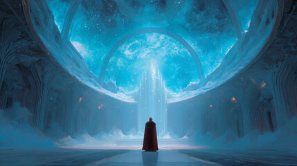 Wall Mural - A robed figure standing before a giant luminous scroll in a celestial hall