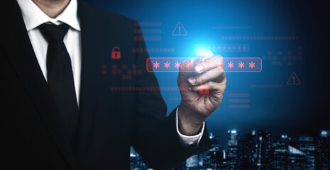 Poster - Password security breach warning with red asterisk box, cybersecurity alert, lock icons, and critical vulnerability signals in digital system access Vouch